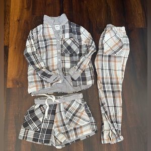 Brown mixed plaid gauzy 3 piece lounge set